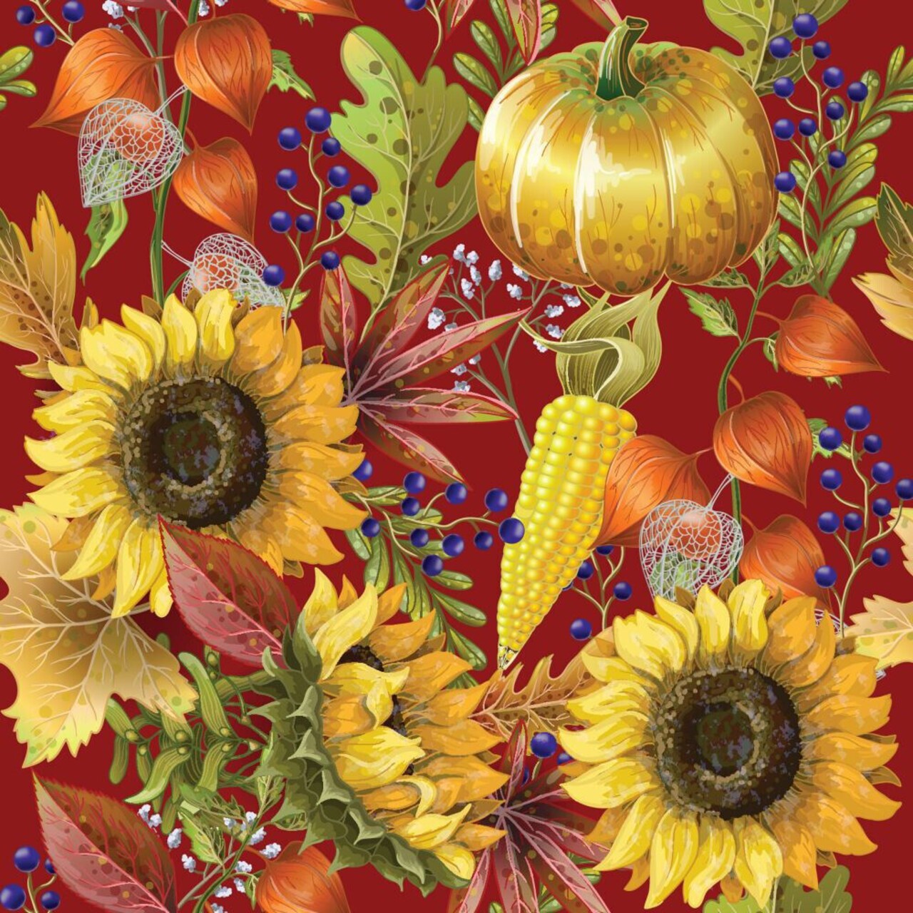 Fall Autumn Thanksgiving Pumpkins and Sunflowers on Burgundy 100% Cotton Fabric